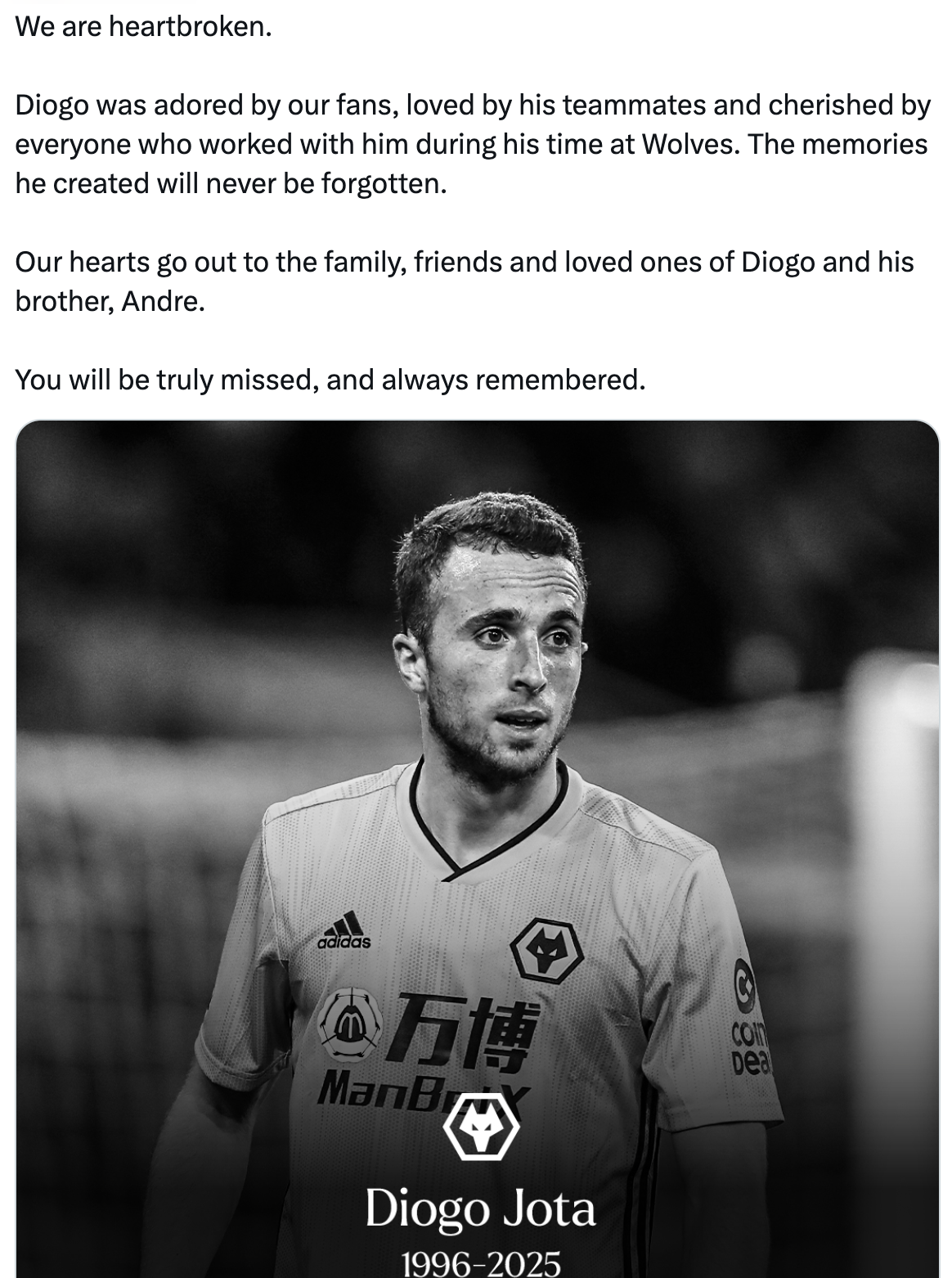 LOL赛事直播-狼队悼念若塔：若塔深受狼队球迷爱戴，我们全队都伤心欲绝