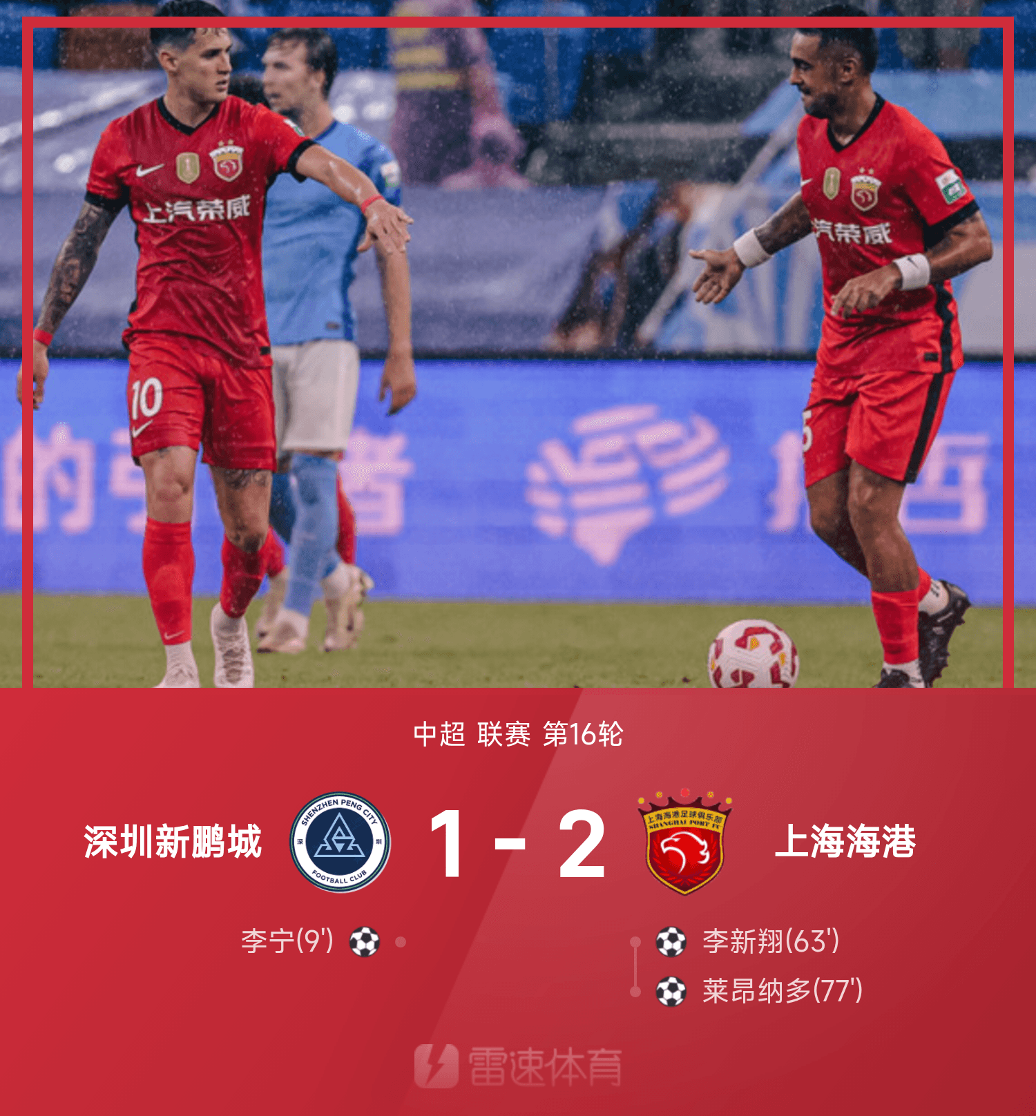 中超战报：莱昂纳多传射，李新翔破门，上海海港2-1逆转深圳
